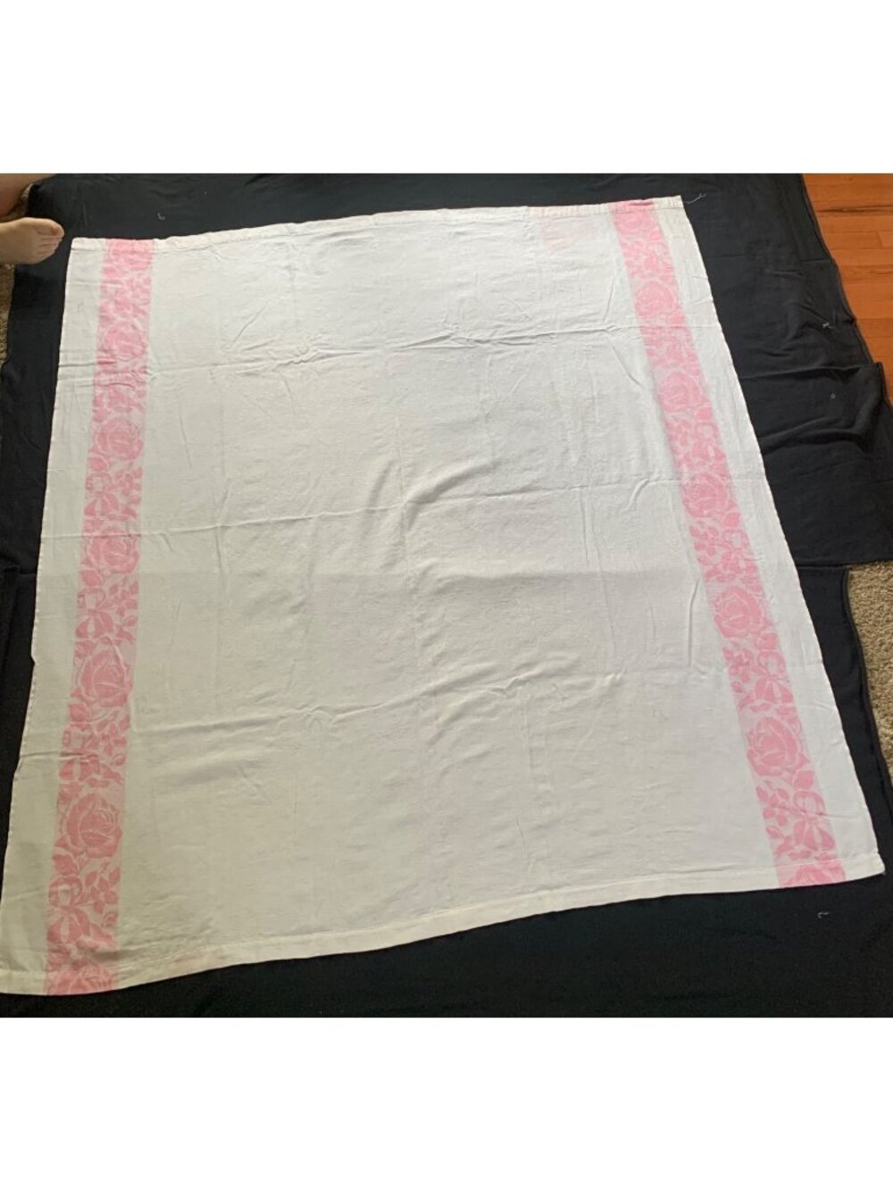 White & Pink Floral Rose Tablecloth 61x66" Vintage